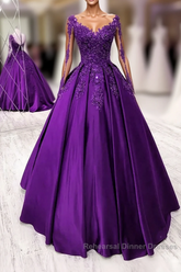 Purple Satin Long Sleeves Semi Formal Dresses Formal Dresses, Lace Applique Sweet 16 Dresses